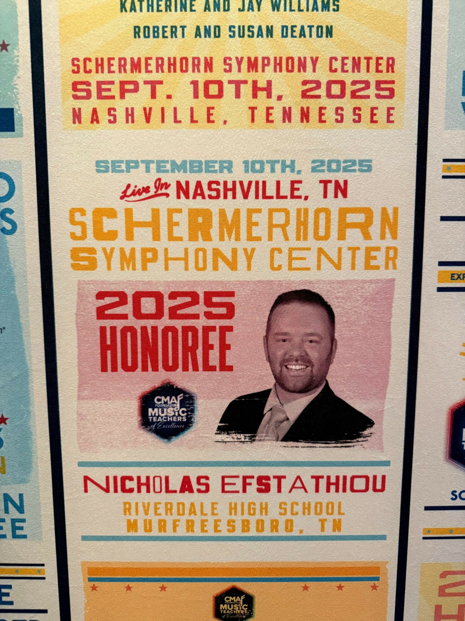 Event ticket with a photo of a person, text about a symphony center, and a name Nicholas Efstathiou.