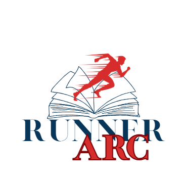 Logo with a running figure over an open book, with the words 'RUNNER ARC' below, in red and blue.