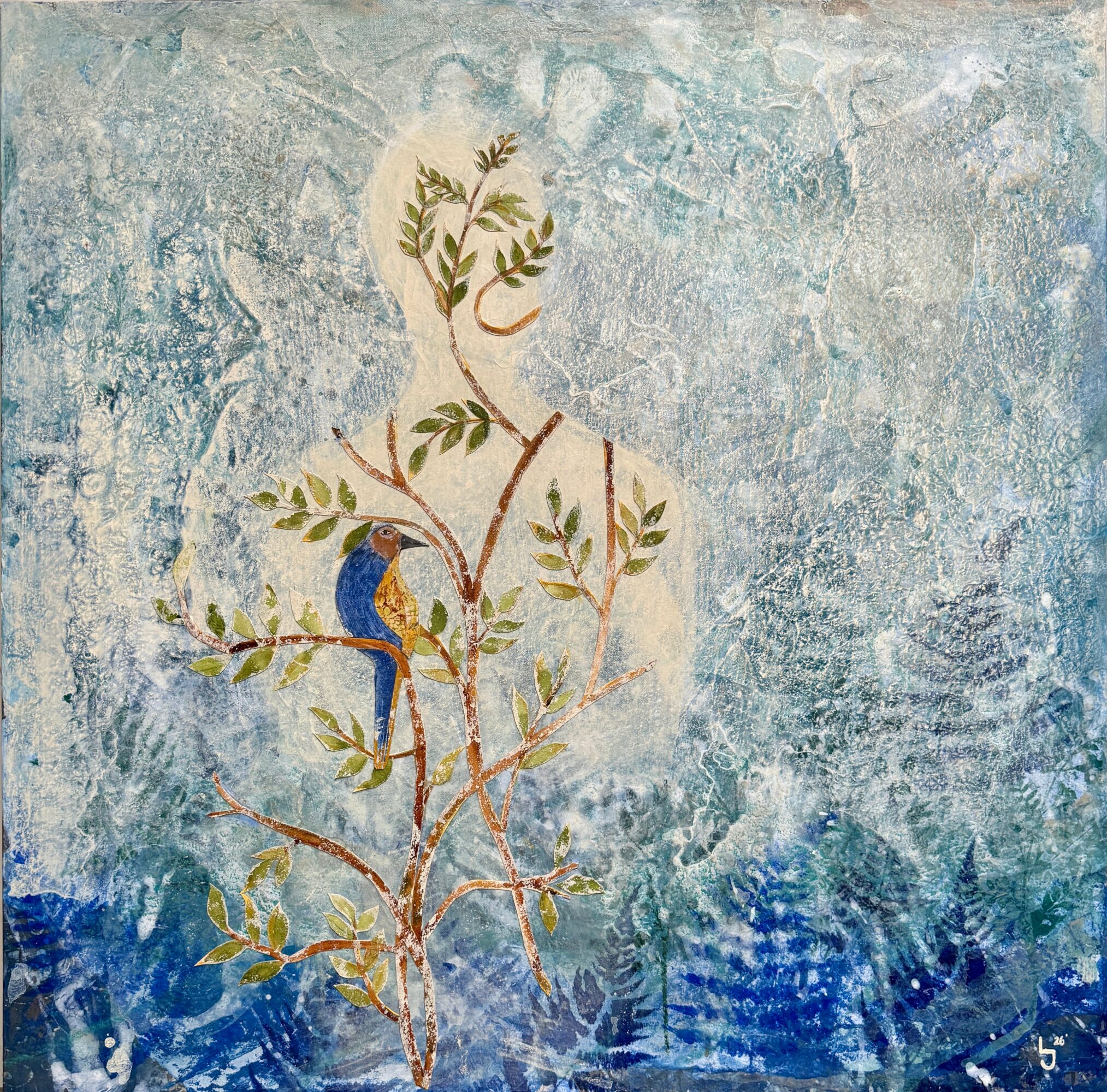 A painting of a person with a tree and a bird, with a textured blue background.
