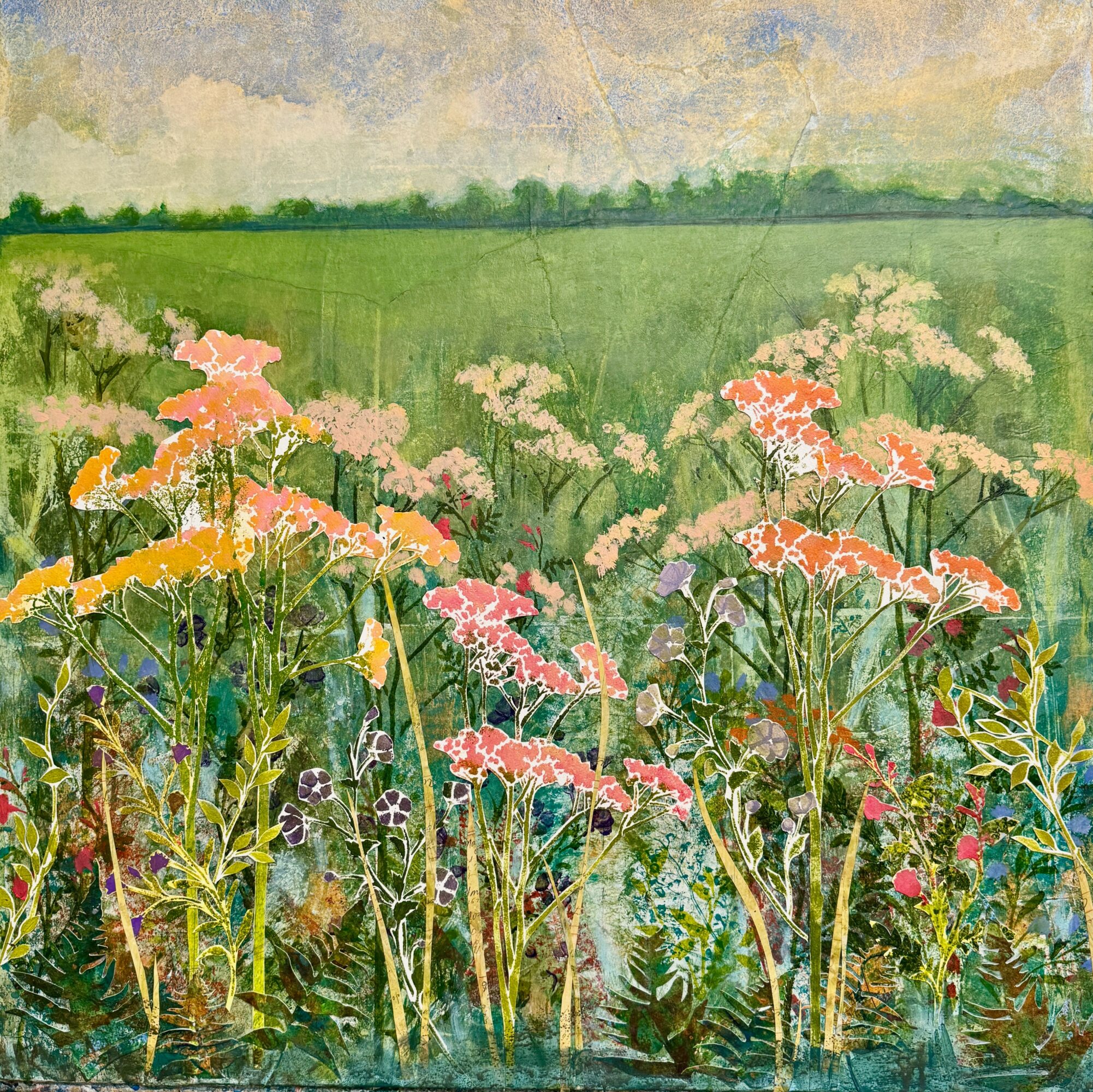 Painting of a lush garden with pink, yellow, and purple flowers in front of a green field and cloudy sky.