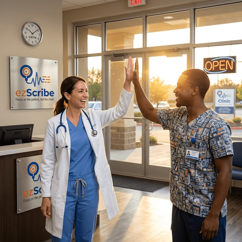 A female healthcare professional and a male nurse high-five inside a clinic, sunlight streaming through glass doors behind them.
