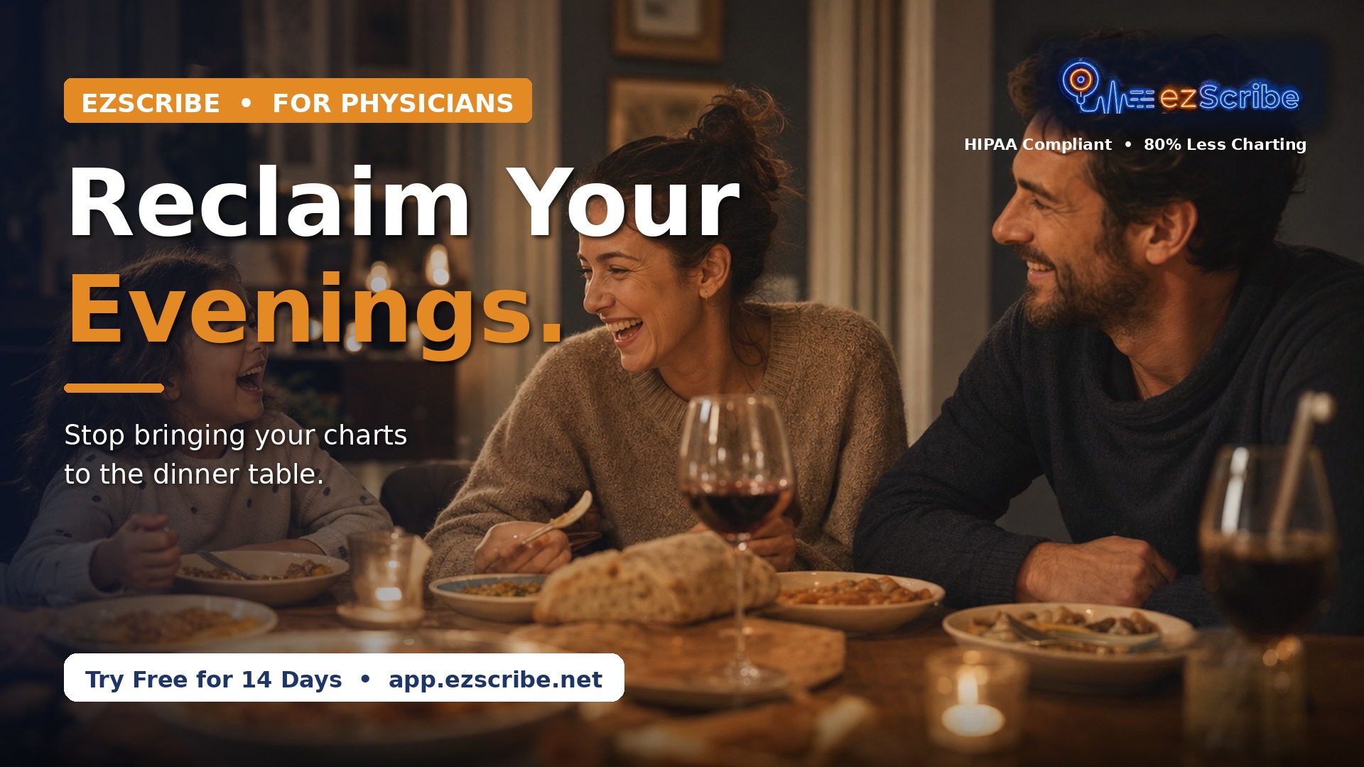 Two people smiling at a dinner table with wine glasses and food, warm lighting, and a cozy background.