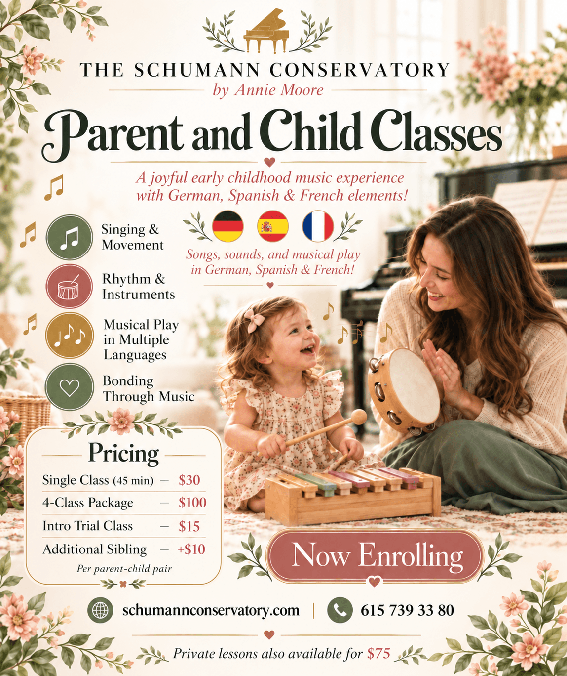 Woman and child playing musical instruments, surrounded by floral decorations, promoting parent and child music classes, with enrollment details.
