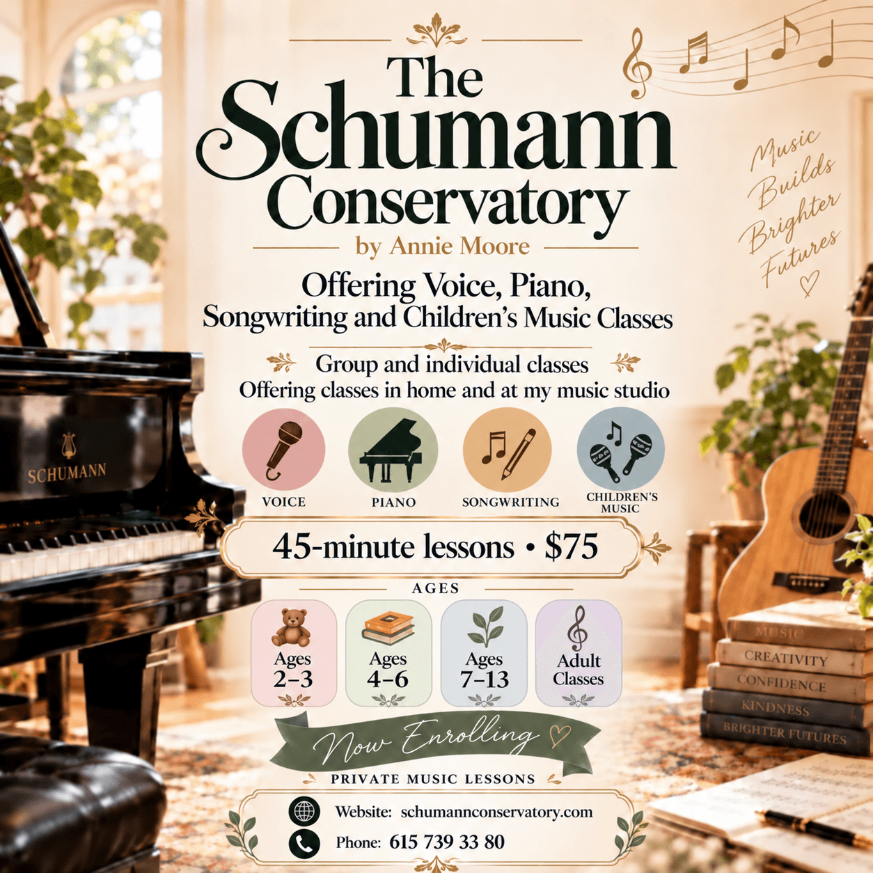 Poster for Schumann Conservatory offering music classes, voice, piano, songwriting, and children's music, with age groups and pricing details.