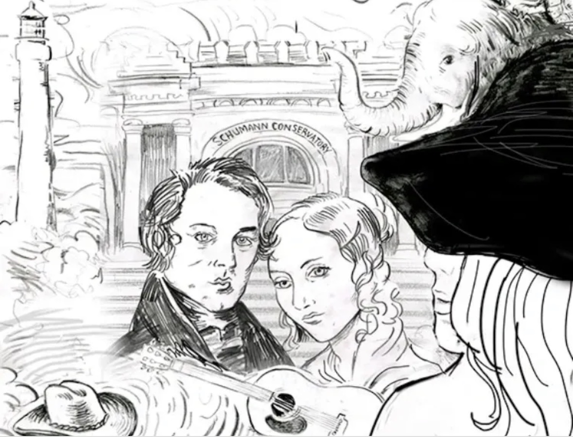 Two people with a woman and a man, an elephant, and a circus entrance in the background, drawn in black and white.